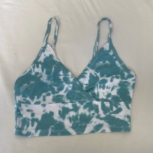 Teal and white tie-dye V-neck tank top